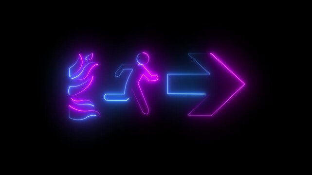 Neon fire emergency exit sign with running person icon and directional arrow on black background