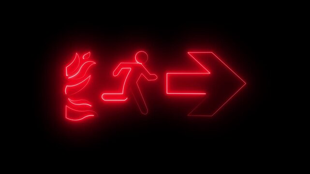 Glowing red emergency fire exit sign with running person icon and directional arrow