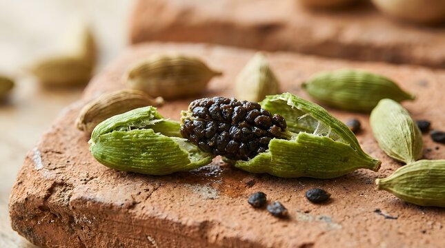Fresh green cardamom pods split open to reveal dark aromatic seeds in a detailed close-up macro shot with bright lighting