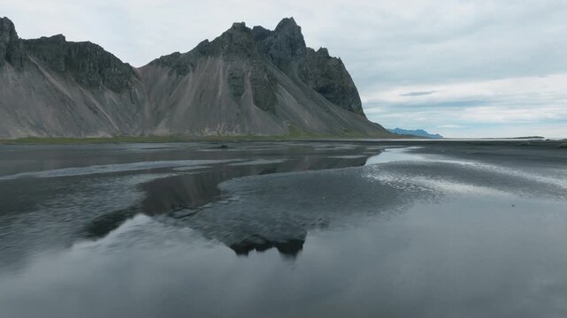 Wide Aerial Pass Over Vestrahorn Reflection Beach, Iceland