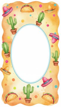 Watercolor Mexican Fiesta Frame with Cacti, Sombreros, Tacos, and Colorful Polka Dots