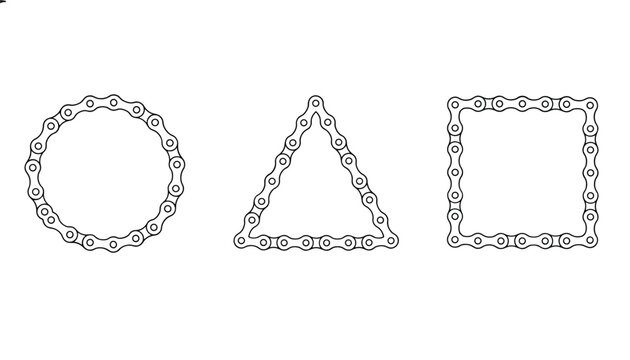 Bicycle chains formed into circle triangle and square geometric shapes