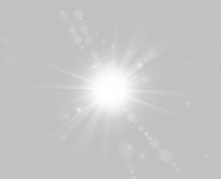 A radiant white light bursts from the center, scattering sharp beams and small glowing particles in various directions. The intense luminosity illuminates circular bokeh effects around it.