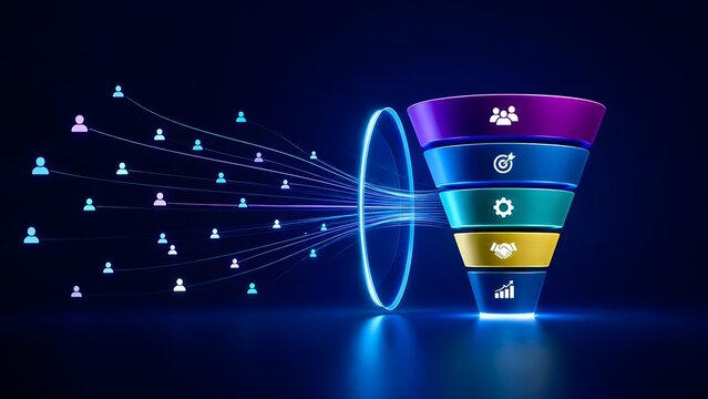 Futuristic 3D digital sales funnel drawing in glowing user icons representing customer acquisition lead generation and target audience conversion strategy