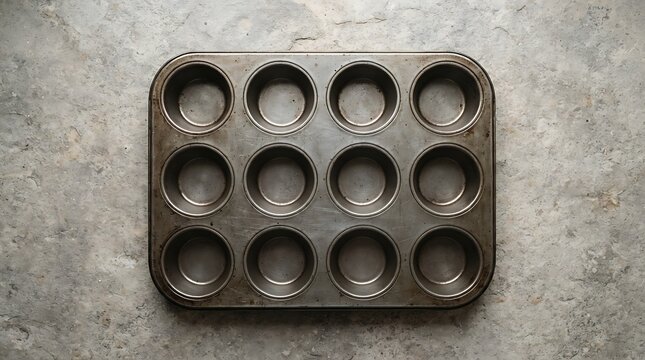 Non-stick muffin tin on a textured gray surface.