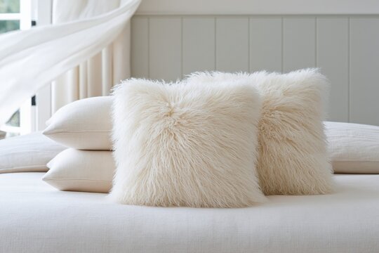 Pair of fluffy faux fur throw pillows with neutral cushions on bed for cozy living room background and decor