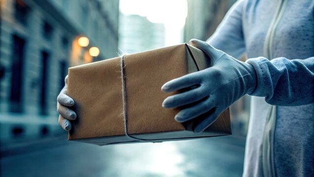 Ghost delivery worker in Halloween concept. Person wearing gloves holding a brown parcel box wrapped with string in an urban street setting.