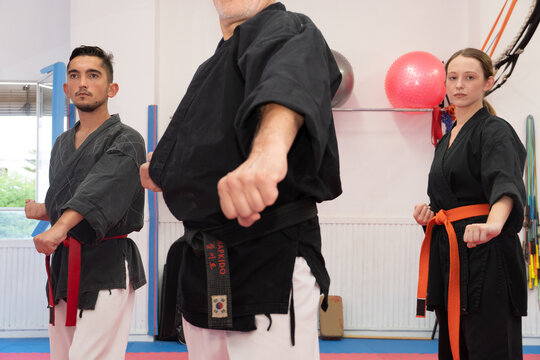 Hapkido students training together in a dojang, practicing martial arts techniques and self-defense movements