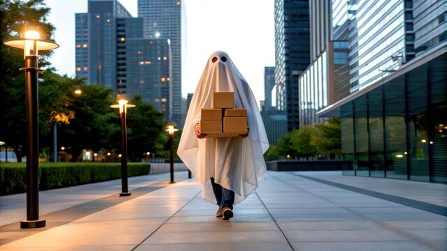Ghost delivery worker in Halloween concept. Person dressed as ghost carrying stacked cardboard boxes walking through modern city street at dusk