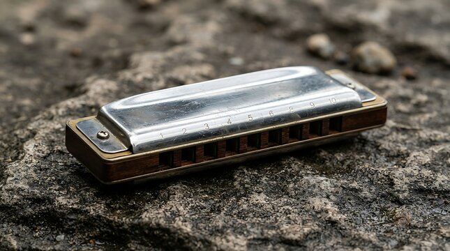 Small harmonica resting on a rough textured stone surface.