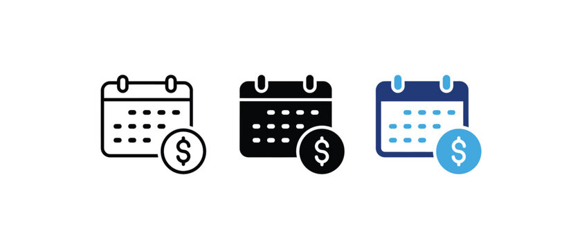 Payment schedule calendar icon, financial deadline dollar symbol, tax payment due date sign, money planner schedule graphic. Vector illustration