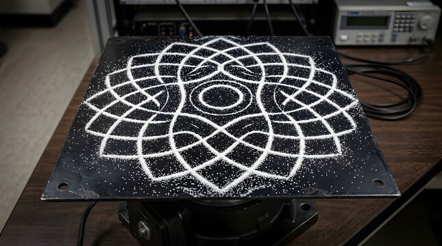 Chladni plate demonstrates complex geometric cymatic patterns formed by vibrating fine white sand on a dark flat metal surface plate