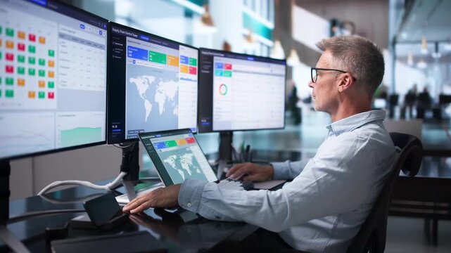 Logistics Manager Uses Laptop To Track Global Shipment