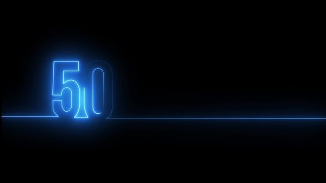 Glowing blue neon number fifty formed by a continuous light line on a black background