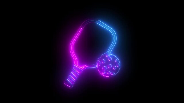 Neon glowing pickleball paddle and ball icon on black background