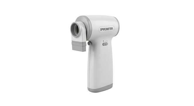 A white handheld digital spirometer device isolated on a plain white background for medical use with spirometer respiratory testing
