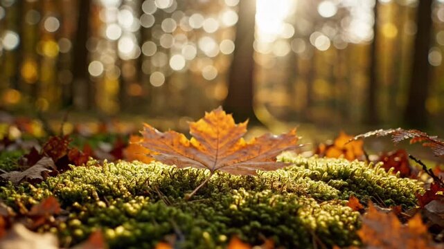 Golden Maple Leaf Falling onto Moss Forest Floor in Warm Autumn Light