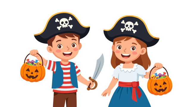 Two Cartoon Kids Dressed as Pirates Holding Candy Buckets