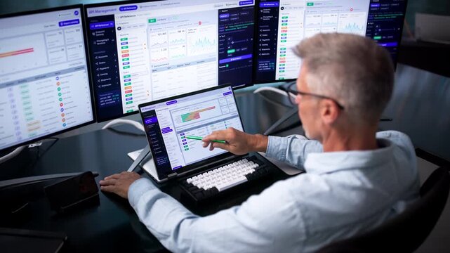 Software Developer Carefully Monitors API Gateway Traffic On Laptop