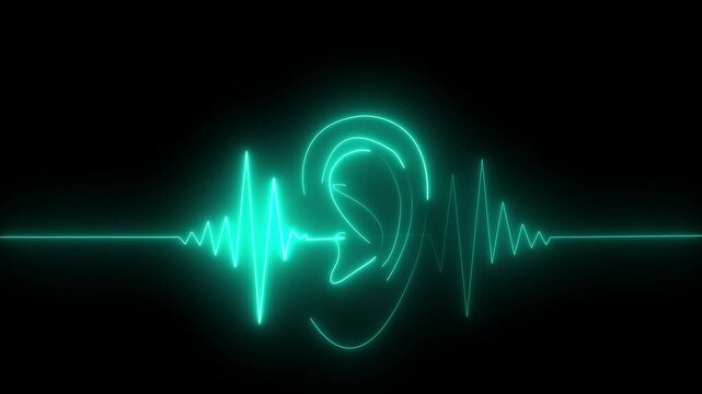 Glowing neon human ear silhouette with digital sound wave frequency visualization on black.