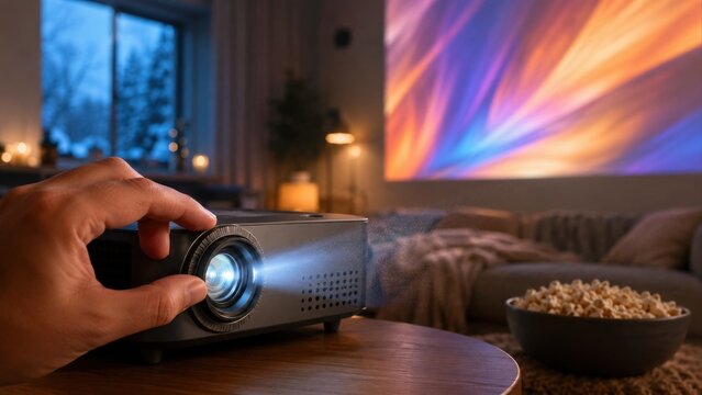 Hand Adjusting Projector Focus for Cozy Winter Movie Night