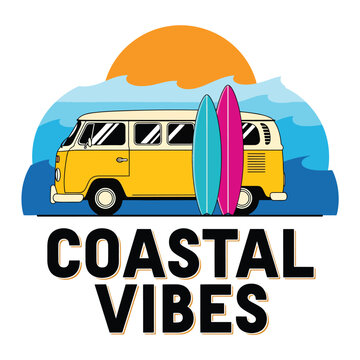 Vintage Van and Surfboard Coastal Adventure Illustration.