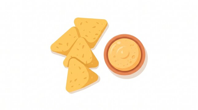 Minimalist nacho chips with creamy cheese dip in elegant flat style, featuring clean shapes and negative space for modern food advertising and packaging.