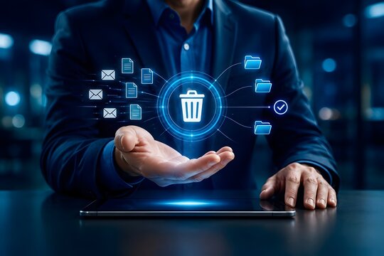 Businessman presenting a glowing digital trash bin hologram absorbing spam emails and documents representing data cleanup and inbox organization
