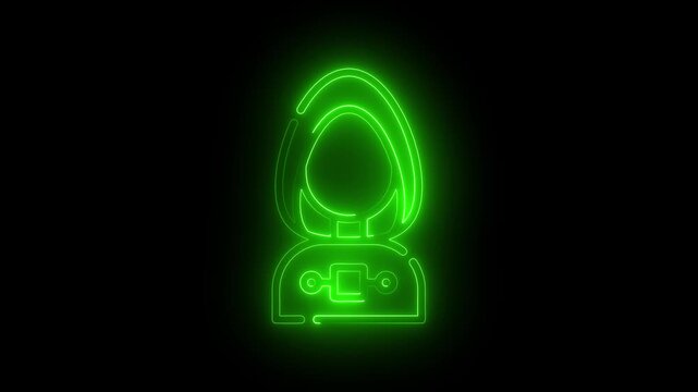 Glowing green neon claw machine icon isolated on black background for arcade gaming concept.