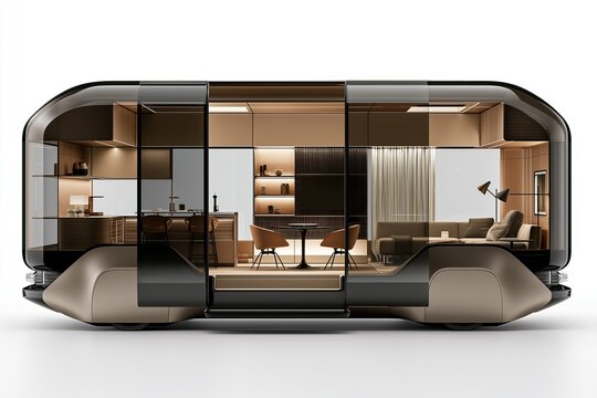 Concept luxury futuristic autonomous electric shuttle bus with full glass body showing modern warm beige interior living space on white background