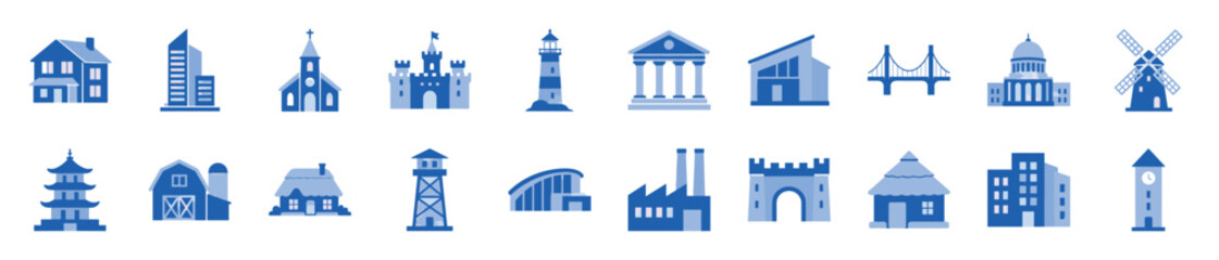 Fototapeta premium Set of various building and structure icons in a flat two-tone blue style, featuring a house, castle, church, factory, lighthouse, pagoda, and windmill