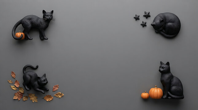 Elegant gray Halloween backdrop with sleek black cat figurines and orange pumpkins positioned in four corners of flat lay frame creating stylish minimal design.