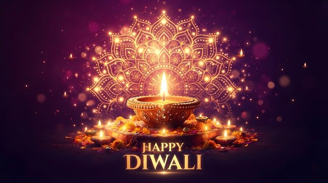 Happy diwali celebration with glowing diya and mandala