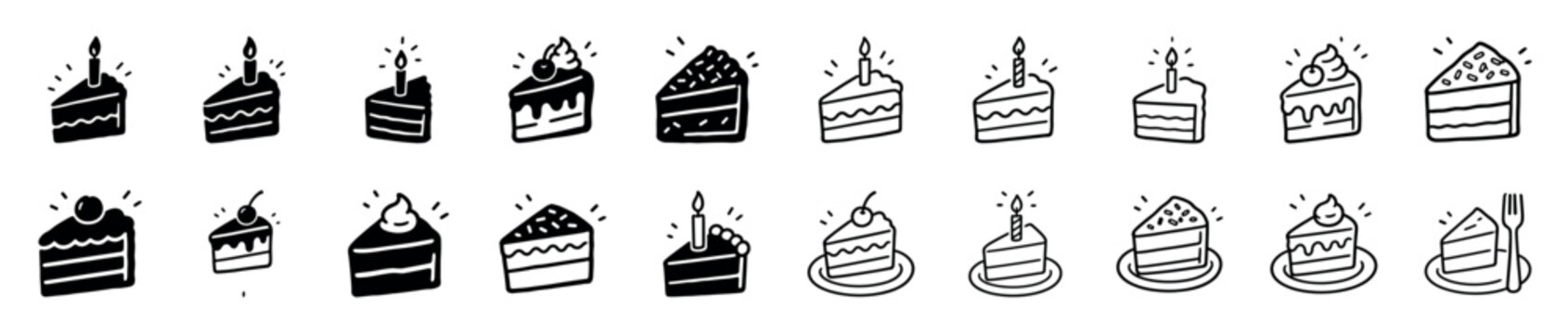 Set of hand-drawn cake slice icons in black glyph and outline styles for celebration and birthday themes, featuring candles, cherries, and sprinkles on layered dessert pieces