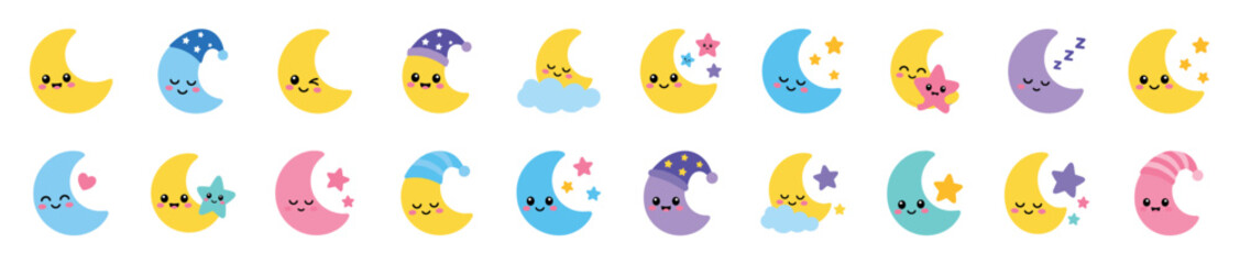 Fototapeta premium Cute kawaii crescent moon and star characters with happy sleeping faces and nightcaps in a colorful pastel palette, a charming vector illustration set for a good night theme