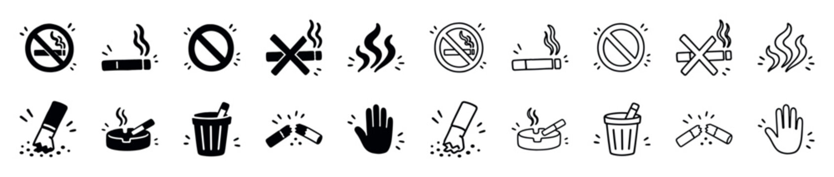 Set of hand-drawn smoking and no smoking icons in glyph and outline styles showing prohibition, cigarettes, ashtrays, and smoke for public area signage