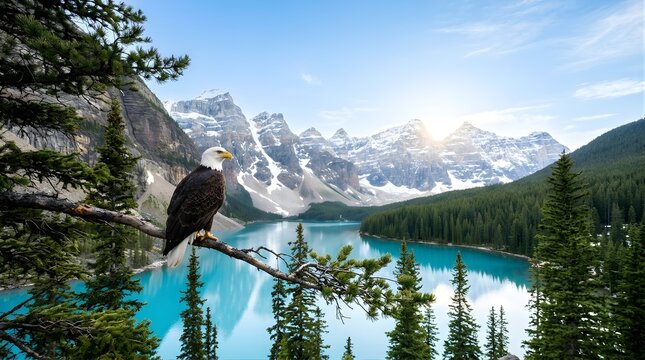 Bald eagle perched on a pine branch overlooking a majestic blue mountain lake