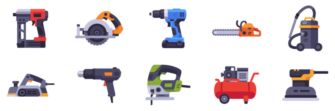 Power tool icon set with workshop machinery, flat illustrations