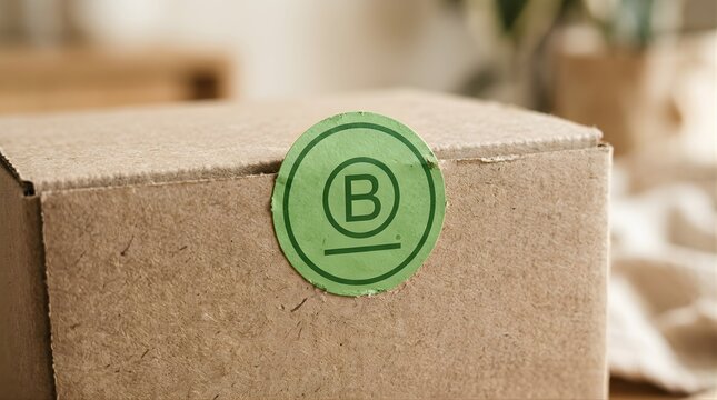 Certified B Corp green logo sticker on a recycled cardboard shipping box