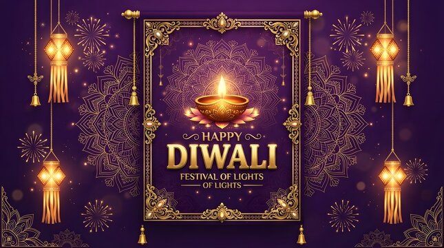 Happy diwali festival banner with ornate diya and lanterns