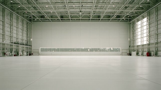 Empty large modern industrial hangar warehouse with white exposed steel ceiling structure and smooth light floor showing clean open industrial interior architecture