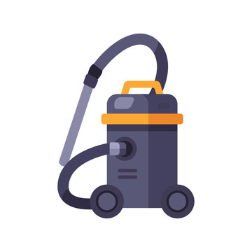 Shop vacuum icon with hose and wheeled canister, flat illustration