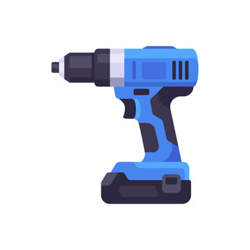 Cordless drill icon with battery base and compact body, flat illustration