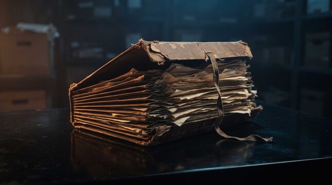 Thick stack of vintage old papers bound with leather strap sits resting on table, symbolizing data privacy, security, and classified information preservation