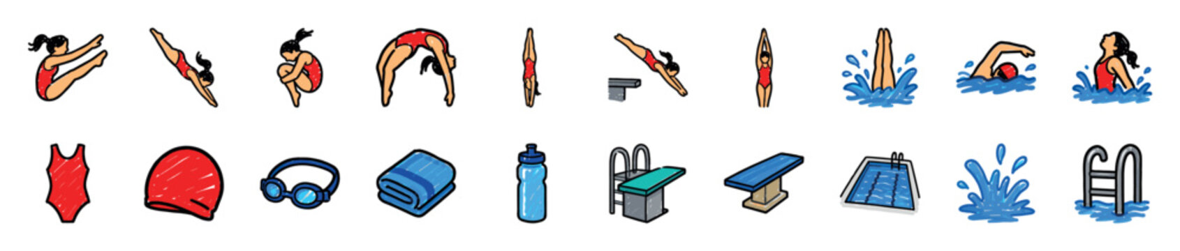 Set of swimming and diving doodle icons featuring a female athlete in various poses, a pool, a diving board, and essential sports equipment like goggles and a swim cap