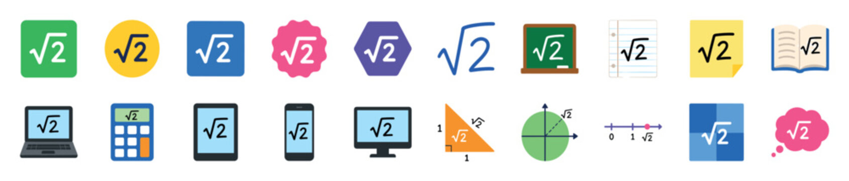 Square root of two icon set collection illustrating the irrational number concept with various flat design symbols for education and technology