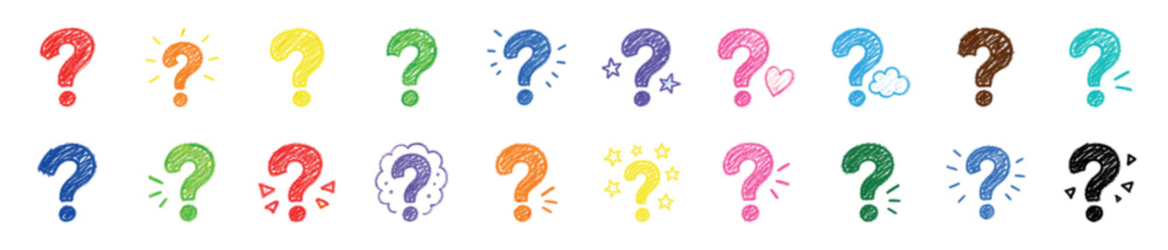 Collection of colorful hand-drawn question marks in a crayon sketch style, featuring various doodles like stars and hearts to represent curiosity, problems, and ideas