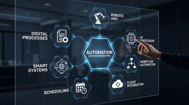 Business person interacting with transparent futuristic digital touch screen displaying automation workflow icons artificial intelligence business technology