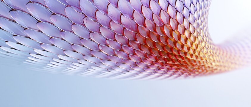 Abstract flowing 3d structure made of overlapping transparent pink purple gradient oval scales on pale blue background creates modern elegant tech design backdrop