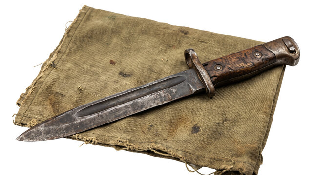 Vintage military bayonet on canvas, antique combat knife with weathered steel blade, historical army weapon on green fabric
